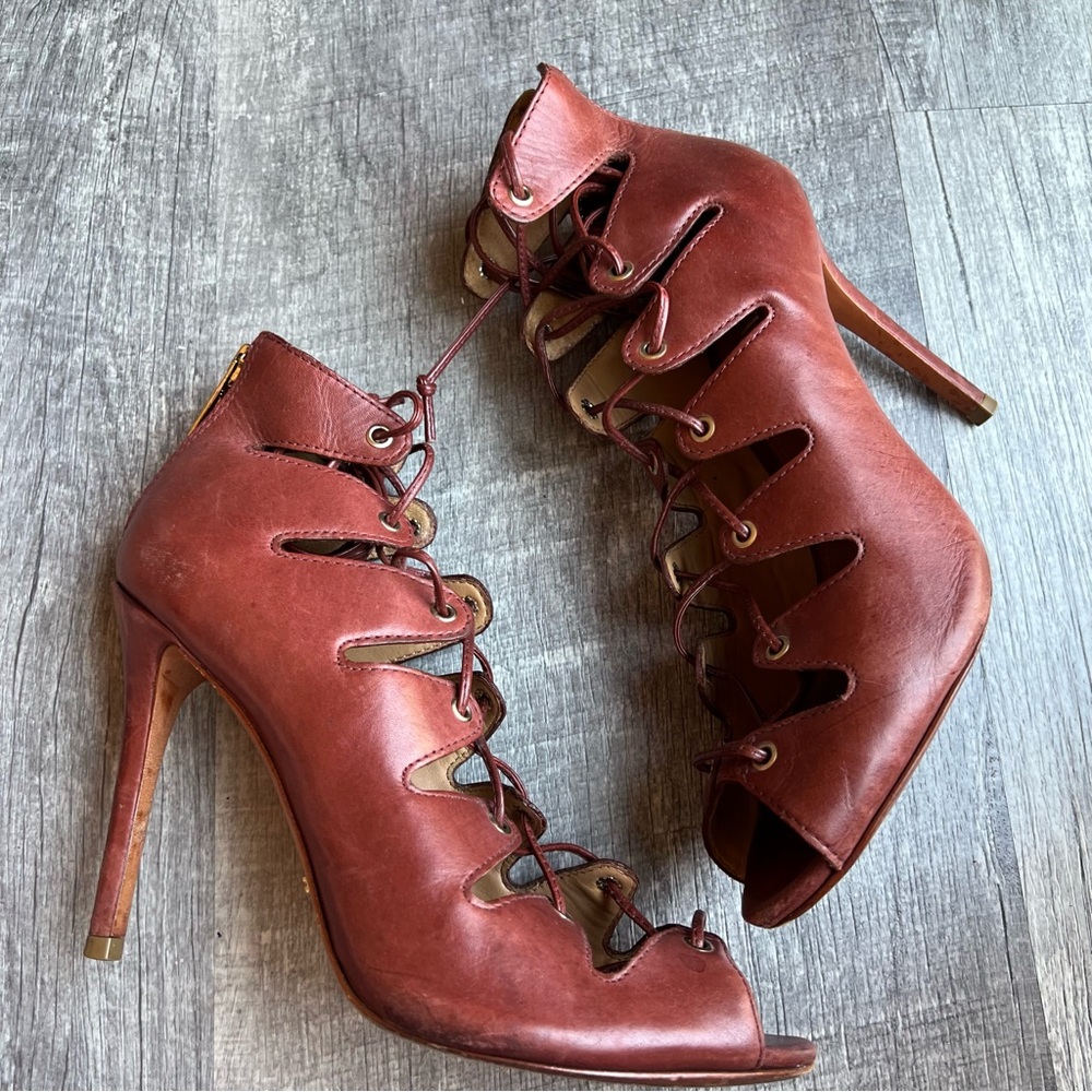 Free People SCHUTZ SLATE LACE UP HEEL Leather Open Toe Caged Sandals Size 9
